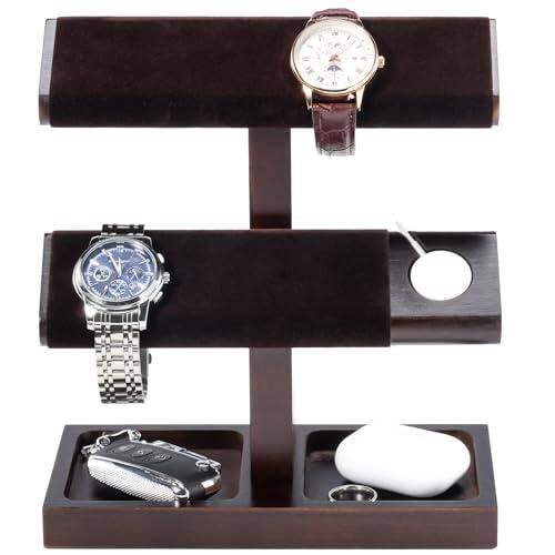 ProCase Soporte de Reloj de Madera para Hombre, Torre con Diseño T-Bar, Estante para Relojes y Pulseras, Organizador para Relojes Mecánicos y Electrónicos – 1 Nivel, Marrón Negra