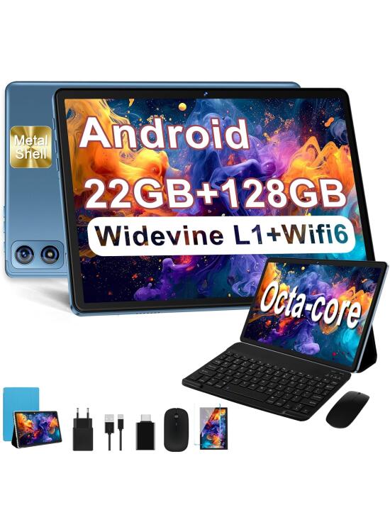 Tablet Android 14 10 Pulgadas, 22GB RAM + 128GB ROM (TF 1TB), Octa-Core, 2.0GHz, Widevine L1, 8000mAh, Dual WiFi, 5MP+8MP, Carcasa MetÃlica, Tablet 2 en 1 con Teclado y Ratón-Azul