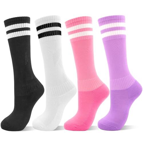 DECOVICI Calcetines de fútbol para niños y niñas, 4 pares, hasta la rodilla, calcetines de fútbol para niños, calcetines largos de fútbol para niños de 3 a 13 años de rugby diario, 1# Negro+Blanco+