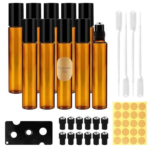 Quelcc 10 Piezas Marrón Botellas Rollon, Rellenable Perfume Roll 10ml, Botellas Roll On Cristal con Roll-on Bola de Acero Inoxidable, para Aceites Esenciales, Masajes, Perfumes, Aromaterapia