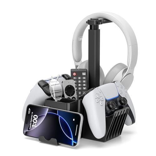 KDD Soporte Mando PS5 con Soporte Auriculares Gaming, Universal Soporte Cascos y Mando, Multifuncional Organizador Gaming Mesa para Xbox One PS4 Nintendo Teléfono Switch Accesorios Juegos PC, Negro
