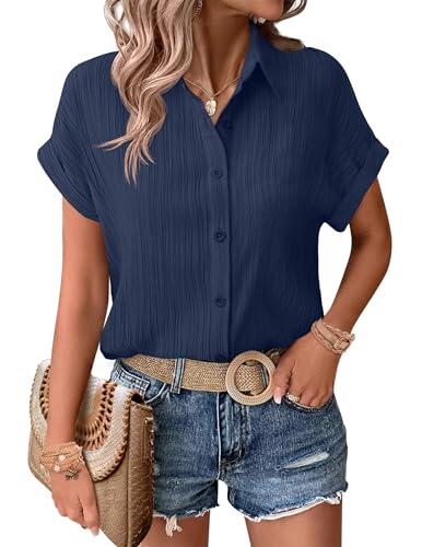Zeagoo Blusa de manga corta para mujer, con botones, elegante, cuello en V, camisa ligera para verano, azul, XXL