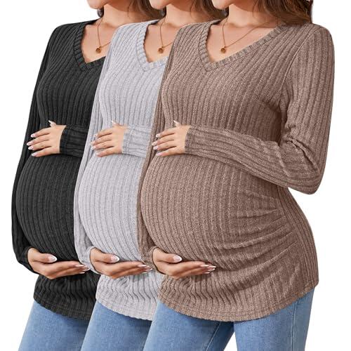 Ficerd Camisetas de Maternidad 3 Piezas, Ropa de Embarazo de Manga Larga, Cuello en V, suéter Acanalado para mamá(Marrón, Gris Claro, Negro,XL)