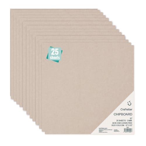 Craftelier - Pack de 25 Chipboad | Láminas de Cartón Prensado y Compacto para Encuadernación de Álbums o Creación de Cajas | Libre de Ácido y Lignina | Grosor 3 mm - Tamaño 30 x 30 cm | Color Gris