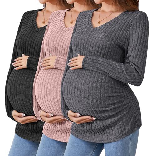 Ficerd Camisetas de Maternidad 3 Piezas, Ropa de Embarazo de Manga Larga, Cuello en V, suéter Acanalado para mamá(Gris Oscuro, Rosa, Negro,S)