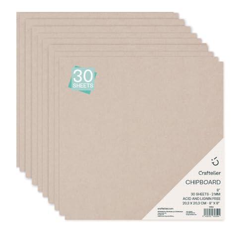 Craftelier - Pack de 30 Chipboard | Láminas de Cartón Prensado y Compacto para Encuadernación de Álbums o Creación de Cajas | Libre de Ácido y Lignina | Grosor 2 mm - Tamaño 20 x 20 cm | Color Gris