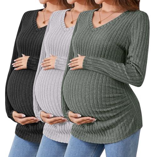 Ficerd Camisetas de Maternidad 3 Piezas, Ropa de Embarazo de Manga Larga, Cuello en V, suéter Acanalado para mamá(Verde Militar, Gris Claro, Negro,L)