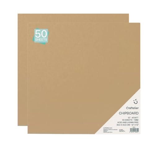 Craftelier - Pack de 50 Chipboard Kraft | Láminas de Cartón Prensado y Compacto para Encuadernación de Álbums o Creación de Cajas | Libre de Ácido y Lignina | Grosor 1 mm - Tamaño 30,5 x 30,5