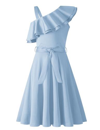 Arshiner Niñas Vestido Un Hombro Niños Verano Elegantes Festivo Escote con Volantes Vestido Sin Mangas Vestidos de Fiesta para Niñas 12-13 Años