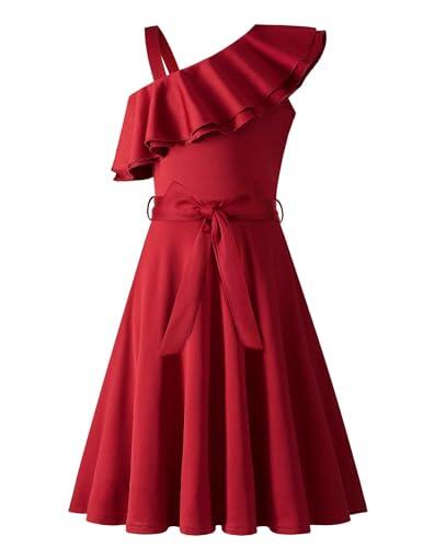 Arshiner Niñas Vestido Un Hombro Niños Verano Elegantes Festivo Escote con Volantes Vestido Sin Mangas Vestidos de Fiesta para Niñas 11-12 Años