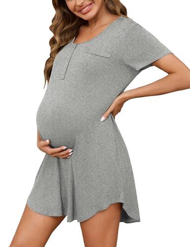 Uniexcosm Camisón Lactancia para Mujer Camisones Embarazadas Algodon Manga Corta Camisones de Lactancia con Botones Verano Ropa para Dormir para Hogar Gris Claro M