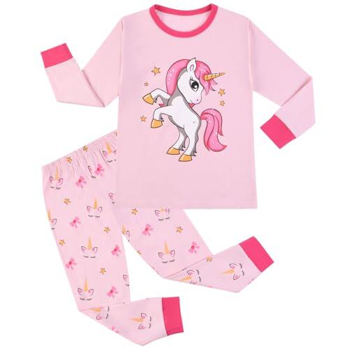 HOTUT Conjunto de Pijama de 2 Piezas de Manga Larga para Niñas, 100% Algodón, Pijama de Unicornio, Ropa de Noche, Vestido de Invierno Infantil, Conjunto de Navidad, Regalo para Niños de 5-8 Años, S