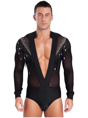 MSemis Maillot Baile Latino para Hombres Body Manga Larga de Gimnasia Rítmica Patinaje con Cuello en V y Diamantes Brillantes Mono de Danza Jazz Tango Salón D Negro L