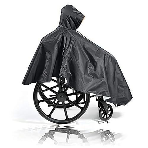 Fonakei Poncho para silla de ruedas, impermeable, con tiras reflectantes, poncho de lluvia para adultos, reutilizable, capucha ajustable, correas de hebilla seguras, accesorios negros para silla de