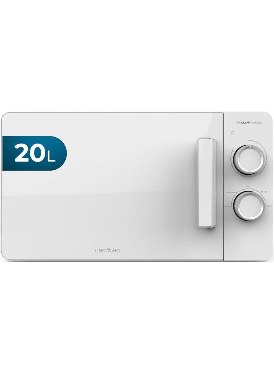 Cecotec Microondas sin Plato 20L Proclean 3020 Flatbed. 700W, Diseño Compacto, Interior Cerámico, Modo Descongelación, Temporizador 30 Minutos, Tecnología 3Dwave, Blanco