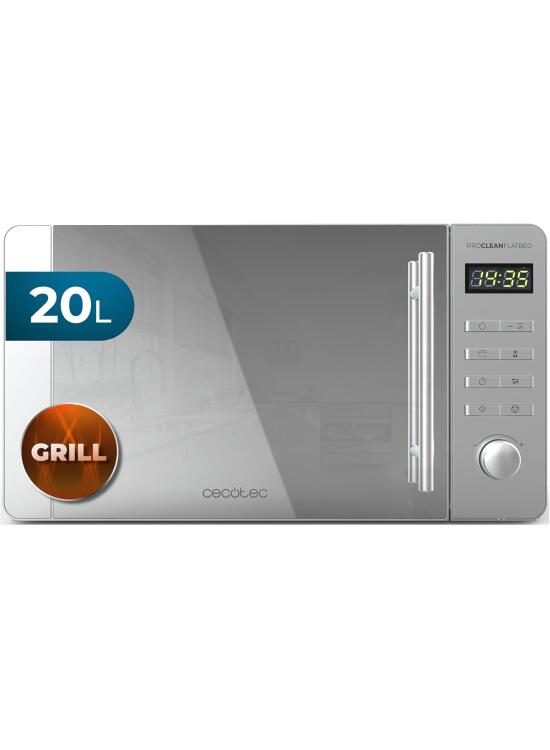 Cecotec Microondas de 20L Proclean 5120 Flatbed. Inox Potencia de 700W y Grill de 800W, 8 Programas, Pantalla Led, Diseño Mirrordoor, Interior Cerámico, Temporizador 30 Min, Tecnología 3Dwave