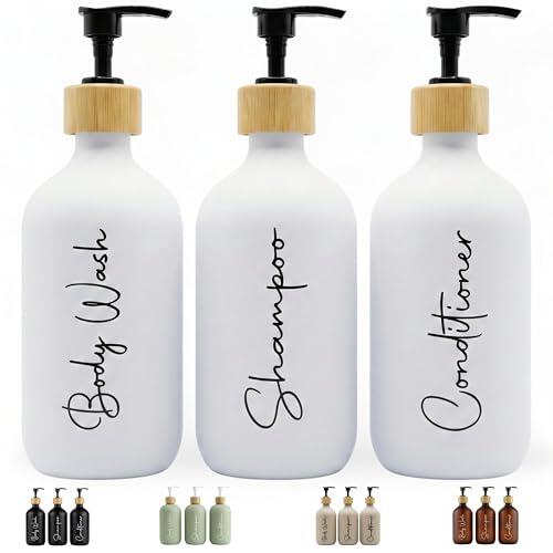 FCINNOVA Dispensador Jabon Baño blanco mate 500ml Set de 3 Botes para Gel y Champu Acondicionador y Embudo para rellenado Este Dosificador Jabon Baño es elegante practico y mantendra su ducha ordenada