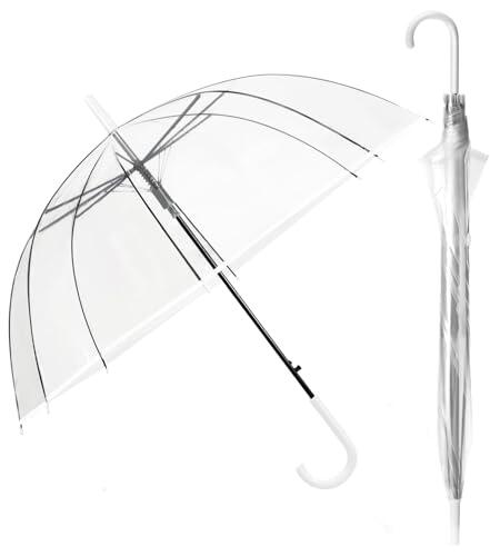 Paraguas de Campana Largo Transparente Resistente al Viento con 8 Varillas de Fibra de Vidrio, Mango Curvado, Ligero y Portátil, Protección Contra la Lluvia, Ideal para Bodas, Viajes y Uso Diario