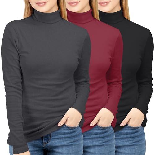 NY Threads Paquete de 3 camisetas térmicas de manga larga con cuello alto para mujer, negro - rojo - gris, Small (Pack of 3)