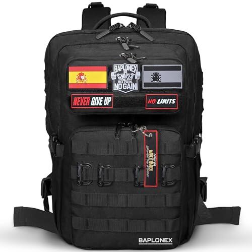 BAPLONEX®️ Mochila Militar 45L Tactica para Cross Training y Gimnasio + 5 Parches Mochila Militar + 4 mosquetones + Llavero Exclusivo Mochila Tactica Entrenamiento y Supervivencia. (Negro)