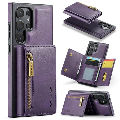 Mxinxiu Funda Tipo Cartera 2 en 1 para Samsung Galaxy S23 Ultra, Funda de Piel de Calidad, con Cremallera, diseño de Hebilla Desmontable, Color Morado