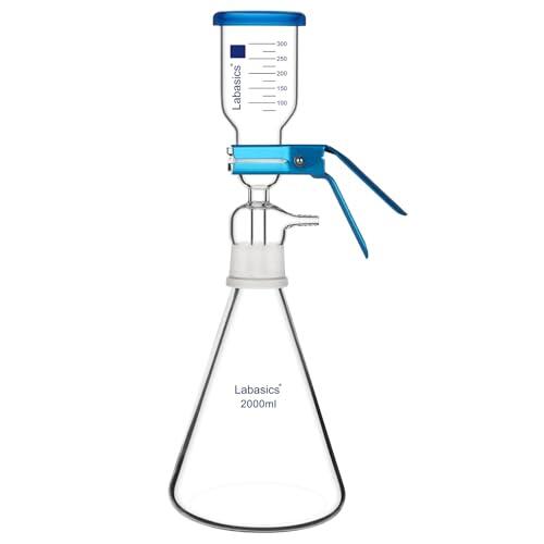 Labasics Aparato de Filtración al Vacío, Vidrio Borosilicato, Placa de Filtro de Núcleo de Arena de 10μm, Matraz de Filtración de 2000 ml, con Vaso Medidor de 300 ml