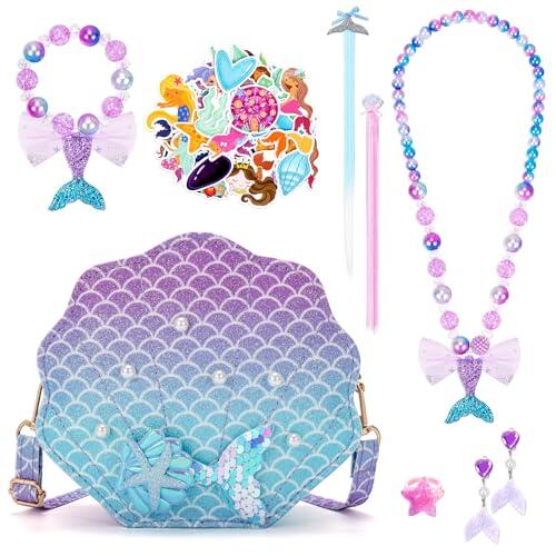 BTHRORO Juegos de Joyas para Sirenas Infantil, Lindo Sirena Bolso Bandolera Princesa Pulsera Anillo Pendientes Clips para Niñas Juguete Regalos Accesorios Fiesta Carnaval Halloween Cumpleaños