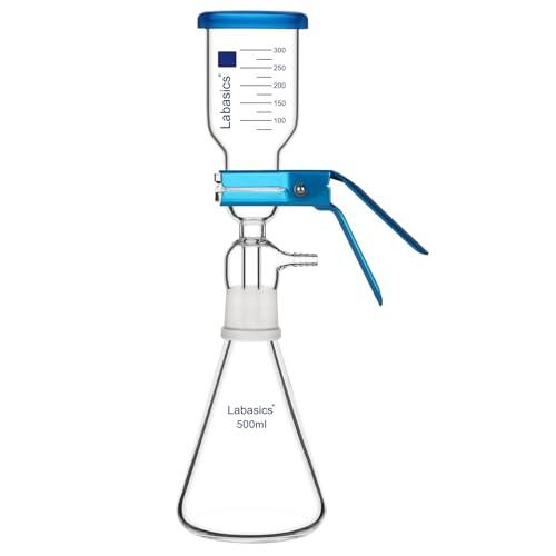 Labasics Aparato de Filtración al Vacío, Vidrio Borosilicato, Placa de Filtro de Núcleo de Arena de 10μm, Matraz de Filtración de 500 ml, con Vaso Medidor de 300 ml