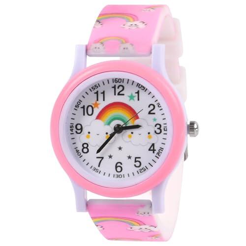 OFFCUP Reloj Infantil Analógico de Pulsera, Cuarzo con Dibujos 3D en Silicona para Niños y Niñas 3-11 Años (Arcoiris Rosa)
