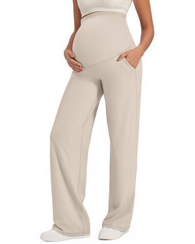 G4Free EverGoing - Pantalones de maternidad sobre el vientre, vestido de yoga para trabajo, descanso, embarazo, pantalones de pierna ancha con bolsillos, Caqui claro, Medium