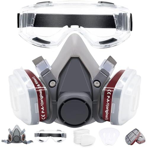 MILIWAN Mascarilla de Gas con 22pcs Filtros Máscara Respiradora Reutilizables con Gafas Protectoras Respirador Mascarilla Profesional Antigas Antipolvo para Pintura, Aserrado e Pulverización