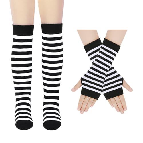 FDGGT 1 Par De Calcetines Hasta La Rodilla A Rayas Y 1 Par De Guantes A Rayas, Calcetines Niña, Calcetines Térmicos Elásticos, Guantes Sin Dedos, Guantes Largos De Punto