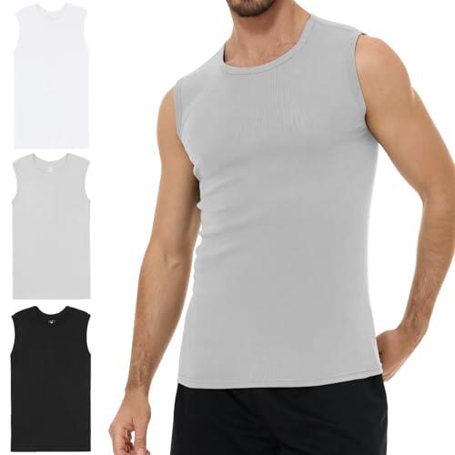 YouShow Pack de 3 Camisetas Interiores para Hombre, 100% algodón, sin Mangas, con Cuello Redondo, 1x Negro + 1x Blanco + 1x Gris, L