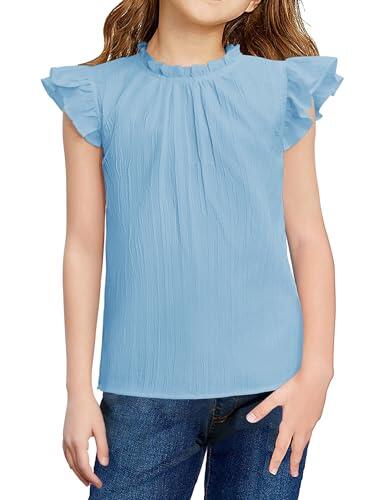 Arshiner Niñas Camisetas Azules Moda Verano A-Line Tops Niños Monocolor Camisa Escolar Sin Mangas Blusa Elegante Tops con Cuello Arrugado 11-12 Años