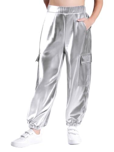 Freebily Pantalones De Cuero Metálico Brillante para Niñas Niños Pantalones Deportivos Elásticos para Jazz Hip Hop Pantalón De Baile Fiesta Discoteca Plateado 13-14 años