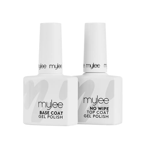 Mylee Base & No-Wipe Top Coat Sin Limpiar para Esmalte de uñas gel semipermanente 2x10ml - UV/LED, Manicura y Pedicura para Uso Doméstico y Profesional, Larga Duración, Fácil de Aplicar