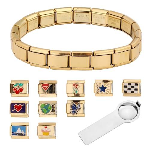 Pulsera Italiana con Dijes, Pulsera Italiana Dorada con Herramienta de Apertura y 10 Dijes Desmontables Dijes de Pulsera Italiana de Acero Inoxidable Pulsera Italiana con Dijes Ajustable