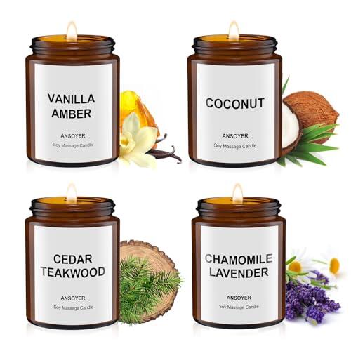 Pack de 4 Velas de Masaje para Aceites y Cremas Corporales - 512g en Caja Regalo (Ámbar Vainilla+ Coco+ Madera de teca de cedro+ Manzanilla Lavanda)
