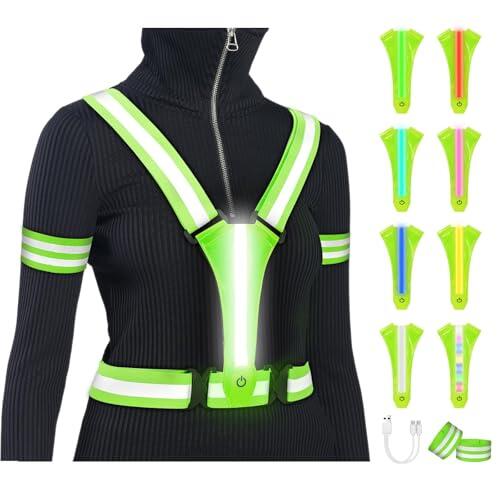 Adiwo LED Chalecos Reflectantes, Seguridad Chaleco Reflectante, Elastic Reflector Chaleco con Ajustable Alta Visibilidad, para Ciclismo, Senderismo, Carrera, Aventura al Aire Libre, Verde