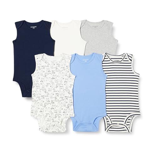 Amazon Essentials Bodis sin Mangas de Algodón Acanalado y Corte Estándar Unisex bebé, Paquete de 6, Azul/Perros, 0-3 meses