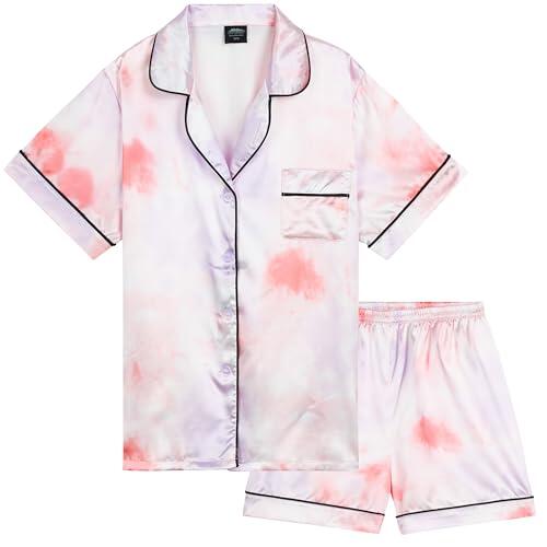 CityComfort Pijama Niña Verano Pijamas Adolescentes Conjunto 2 Piezas Pijama Saten Corto Manga Corta con Botones Ropa de Casa Regalo Niña (11-12 Años, Multi teñido)