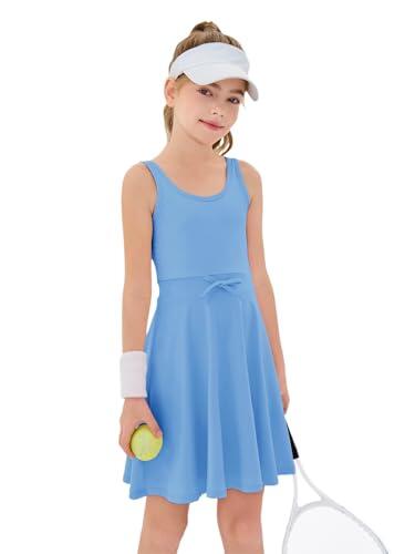 Haloumoning Vestido de tenis sin mangas para niñas, cintura elástica, acampanado, para entrenamiento, golf, 4-14 años, Azul, 9-10 años