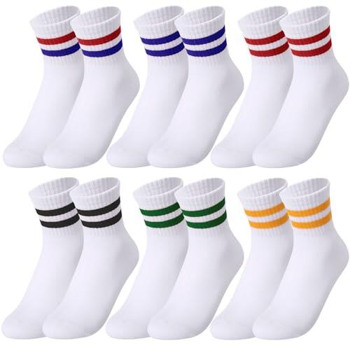 Zuimei 6 pares de calcetines deportivos unisex para niños y niñas, calcetines deportivos de algodón con elastano, 6-12 años, rayas de color