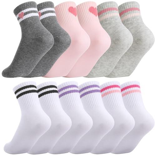 Zuimei 6 pares de calcetines deportivos de algodón para niños, calcetines deportivos con rayas retro, calcetines elásticos casuales para niñas y niños de 6 a 12 años (rayas de corazones), Corazones a