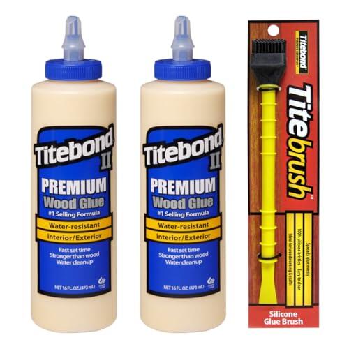 Titebond II Premium - Pegamento para madera (2 unidades, 473 ml, resistente a la intemperie, adhesivo para madera para interiores y exteriores, incluye aplicador de pegamento Titebrush, pincel de
