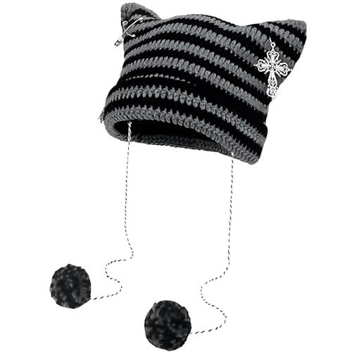 TUONYIS Gorro de Gato Negro, Sombrero de Invierno para Mujer Con Orejas, Accesorio Gótico Emo Alt, Gorro Holgado para Niñas, Adultos y Niños - Regalo