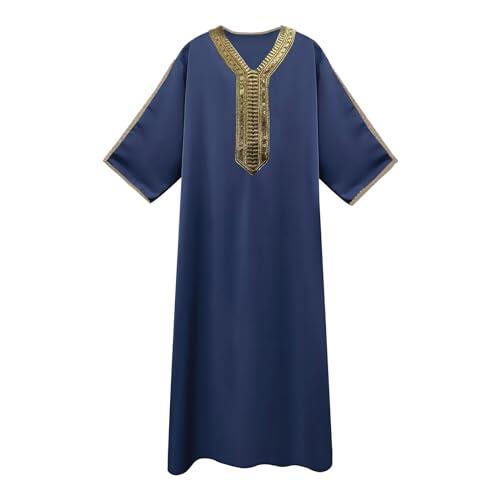 YOSUWOAI Ropa de oración musulmana para hombre Kaftan Elegante y Tradicional Abaya Thobe Corte Holgado Bata Étnica de Media Manga Ramadán Ropa Musulmana Vestidos Árabes Islámicos Túnica, marine, L