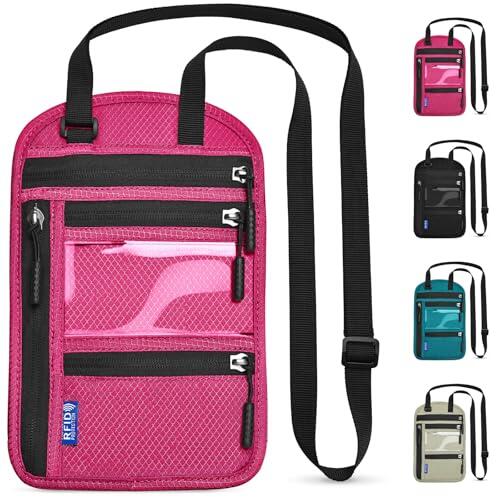 Yordawn Portadocumentos Viaje de Cuello con Bloqueo RFID Cartera de Cuello Pasaporte Impermeable Funda Colgante para Pasaporte con Correa para Hombres Mujeres (Rojo Rosa)