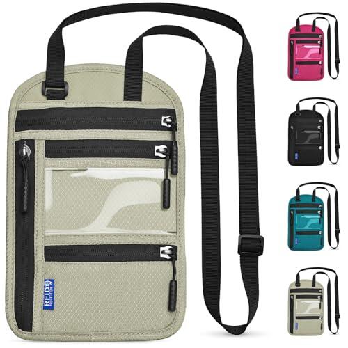 Yordawn Portadocumentos Viaje de Cuello con Bloqueo RFID Cartera de Cuello Pasaporte Impermeable Funda Colgante para Pasaporte con Correa para Hombres Mujeres (Gris Claro)