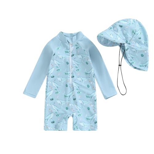 Loalirando Traje de baño infantil bebé niño de 2 piezas Anti-UV, mono con cremallera de manga larga estampado + sombrero de ala ancha, azul claro, 6-12 meses